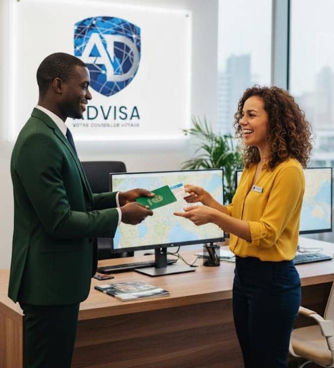 Remise d’un passeport à une cliente au comptoir de l’agence