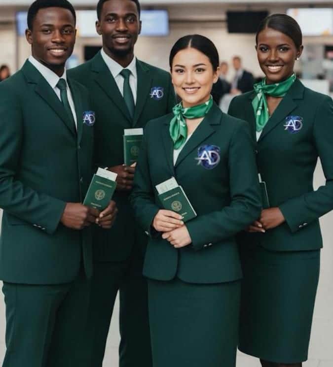 Quatre conseillers ADVISA en uniforme, passeports à la main