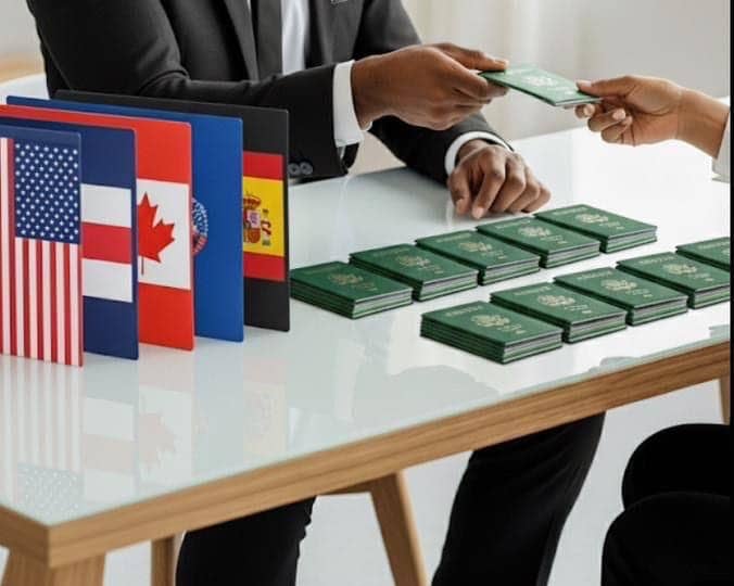 Passeports remis au comptoir de l’agence, drapeaux des destinations alignés